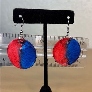 Red and Blue Dangle wooden circle Earrings
